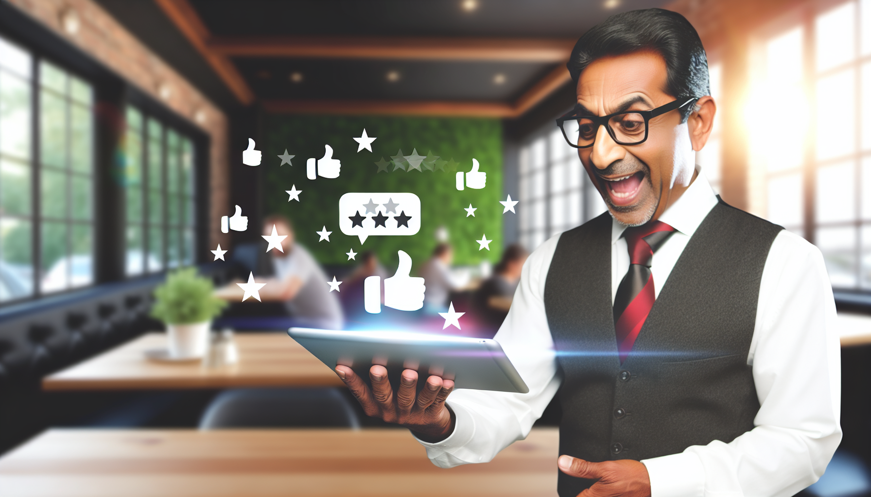 5aee0d7564299d4b9b702d21dfee29aba4a355398d0c85b2c28e9acb01c02d9c A man in an office setting looks happily at a tablet showing digital icons of thumbs up, stars, and speech bubbles, indicating positive feedback or social media interactions.