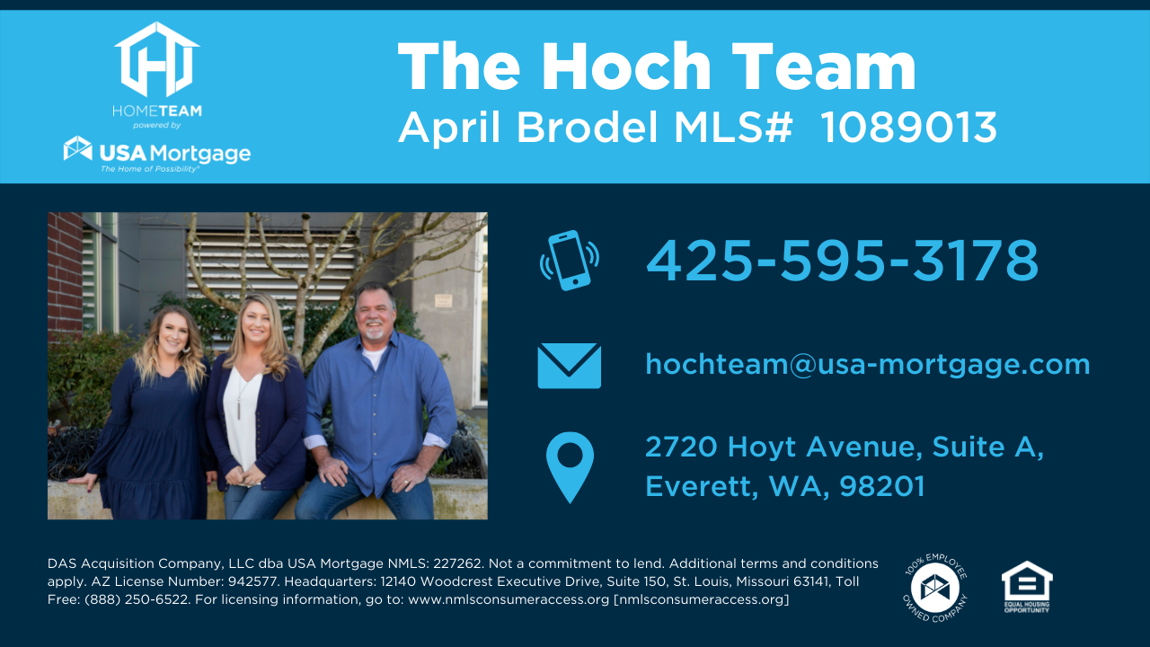 Real estate team advertisement with three people sitting, contact details, and logos. Text includes "The Hoch Team" and contact information for USA Mortgage in Everett, WA.