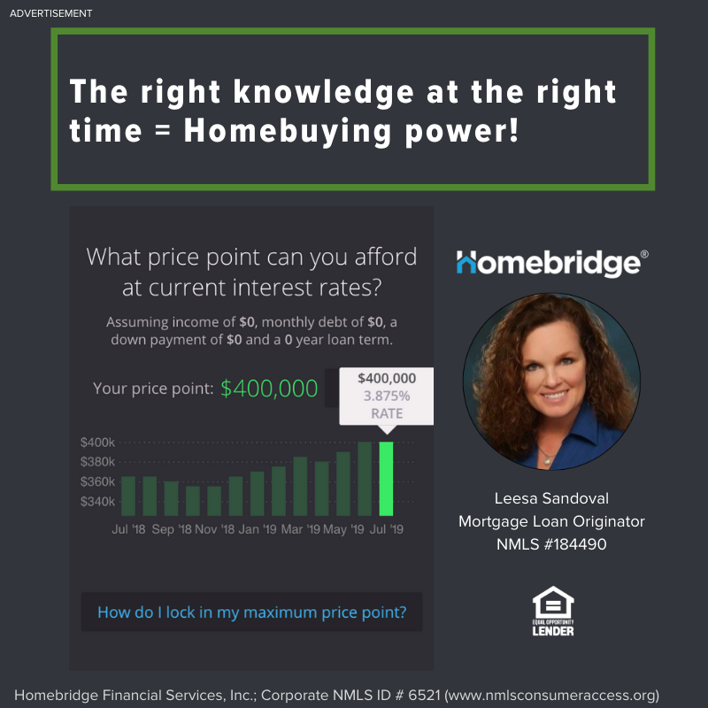 Advertisement for Homebridge with the text "The right knowledge at the right time = Homebuying power!" Includes a chart of home prices and interest rates, and a photo of mortgage loan originator Leesa Sandoval.