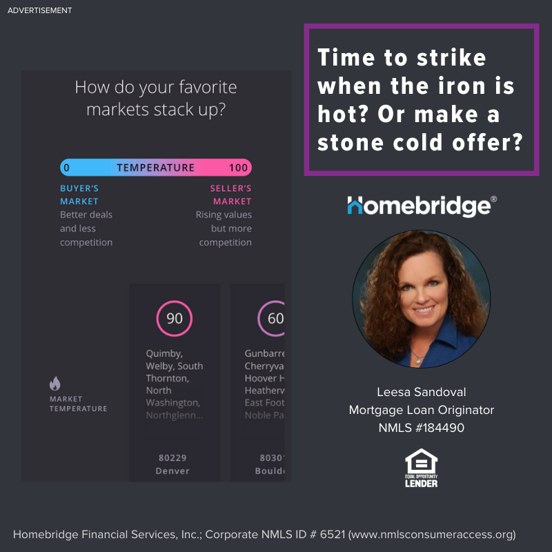 Advertisement for Homebridge Financial Services showing market temperature gauges and a photo of Leesa Sandoval, Mortgage Loan Originator, with her NMLS number.