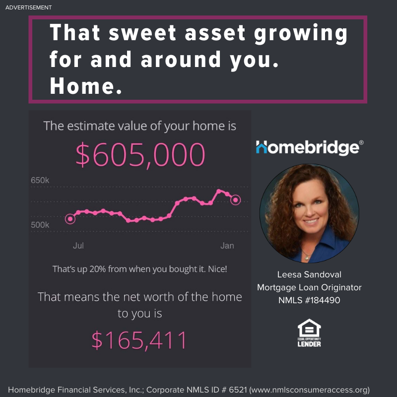 Advertisement for Homebridge Financial Services displaying home value graph and net worth. Includes a portrait of Leesa Sandoval, Mortgage Loan Originator, with contact info and company logo.