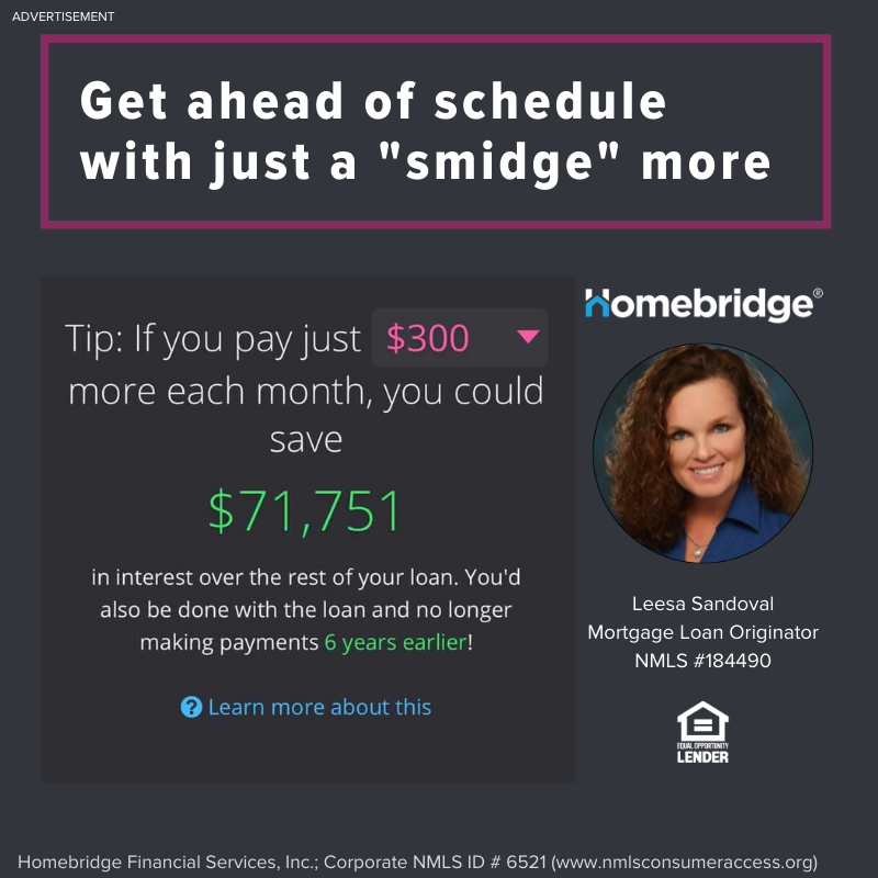 Advertisement for Homebridge promoting a mortgage tip. Paying $300 more monthly can save $71,751 in interest and end payments 6 years sooner, featuring loan originator Leesa Sandoval.