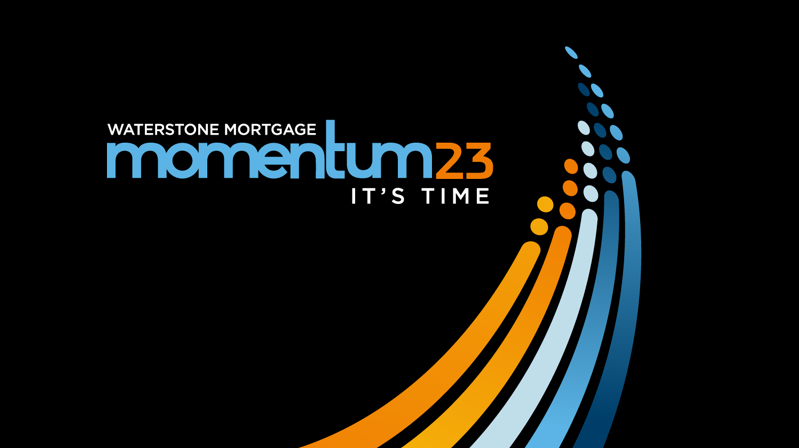Waterstone Mortgage Momentum 23 logo with "It's Time" slogan and an arc of orange and blue dots on a black background.