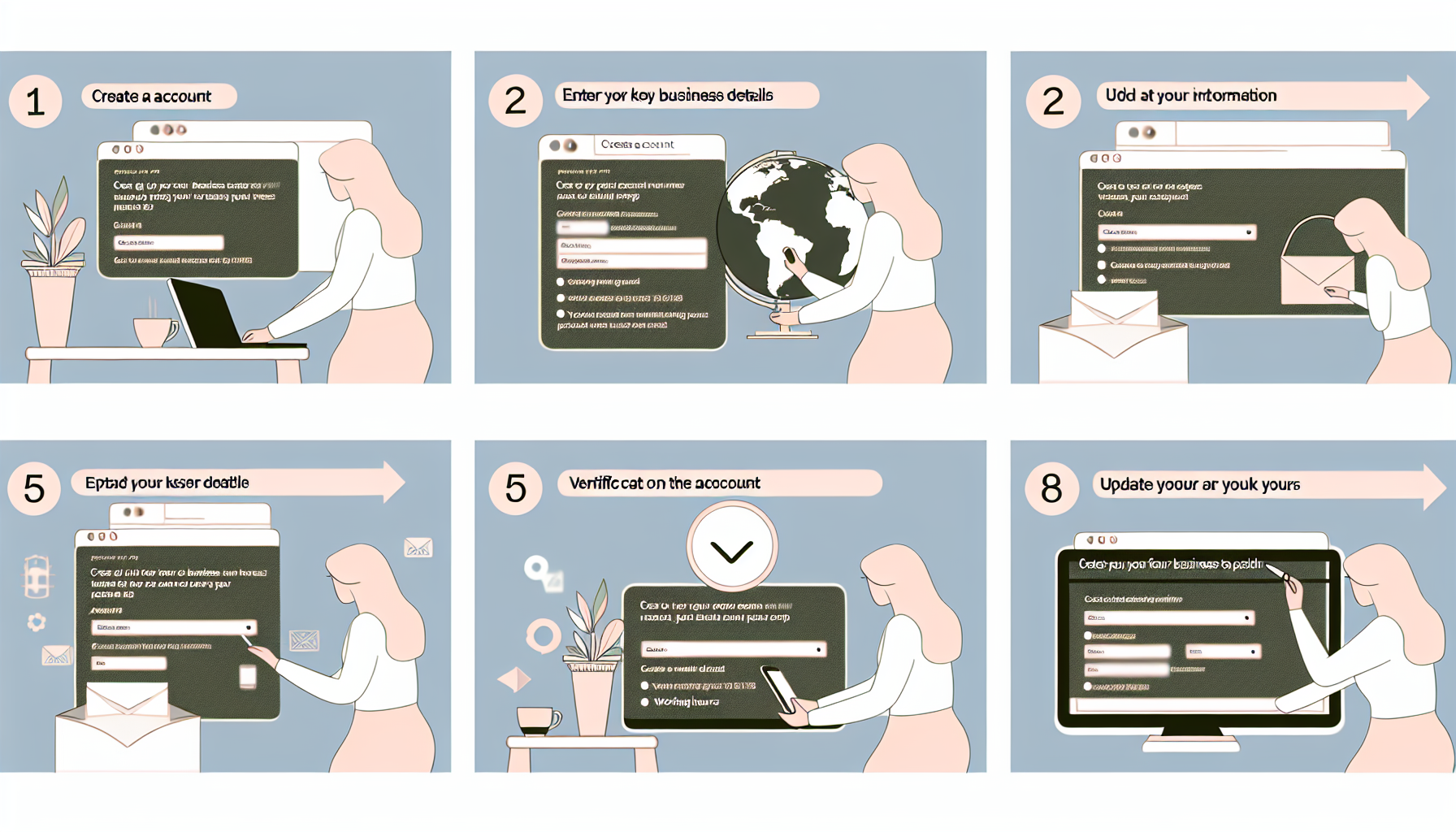 d9e39c07142299e1c9e2578dcf4138b8adbf9c329bc1332689fc7722038189b2 Illustration depicting steps to create an online account: registration, entering details, verification, and updating. Six panels show a user interacting with a computer and phone.