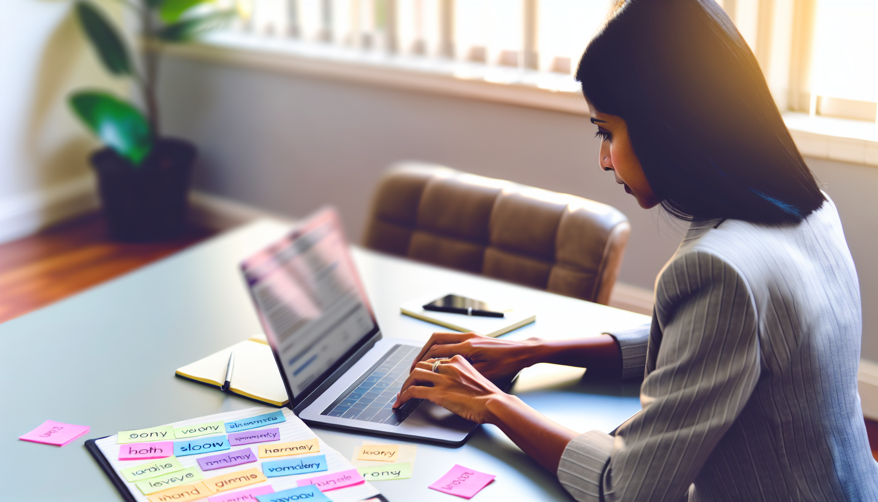 fdf6eb702bc78f5ae1f91afd53061214b11c8d56a4873635512dee12b9319928 A woman in an office types on a laptop at a desk with colorful sticky notes around her.