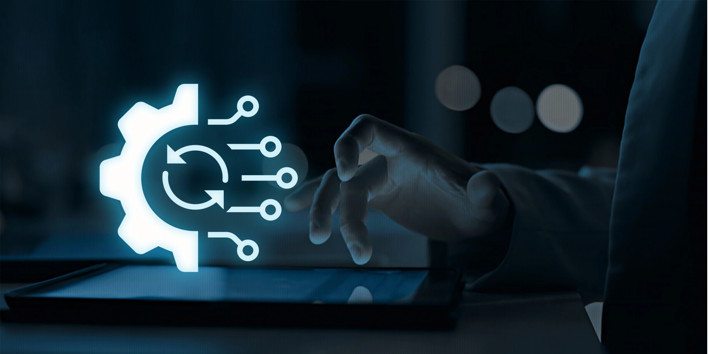 Maximizing Your Impact with Content Marketing Strategies_ Image 004 A hand hovers over a tablet in a dim setting. A glowing icon of a gear with circuit lines and an arrow symbolizes technology and automation.