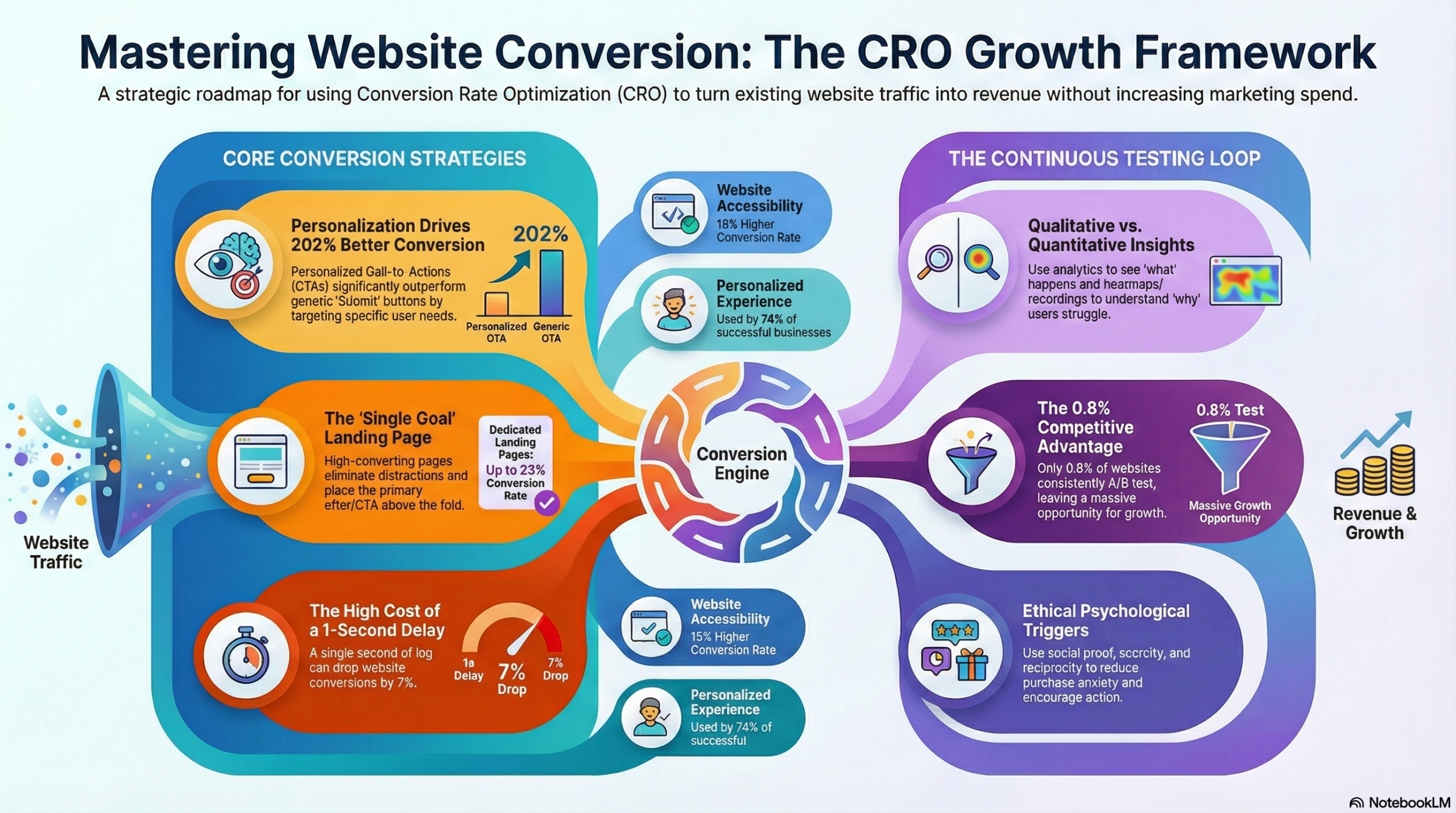 Infographic outlining the CRO Growth Framework for website conversion, detailing core conversion strategies and testing methods linked to increased revenue and growth.