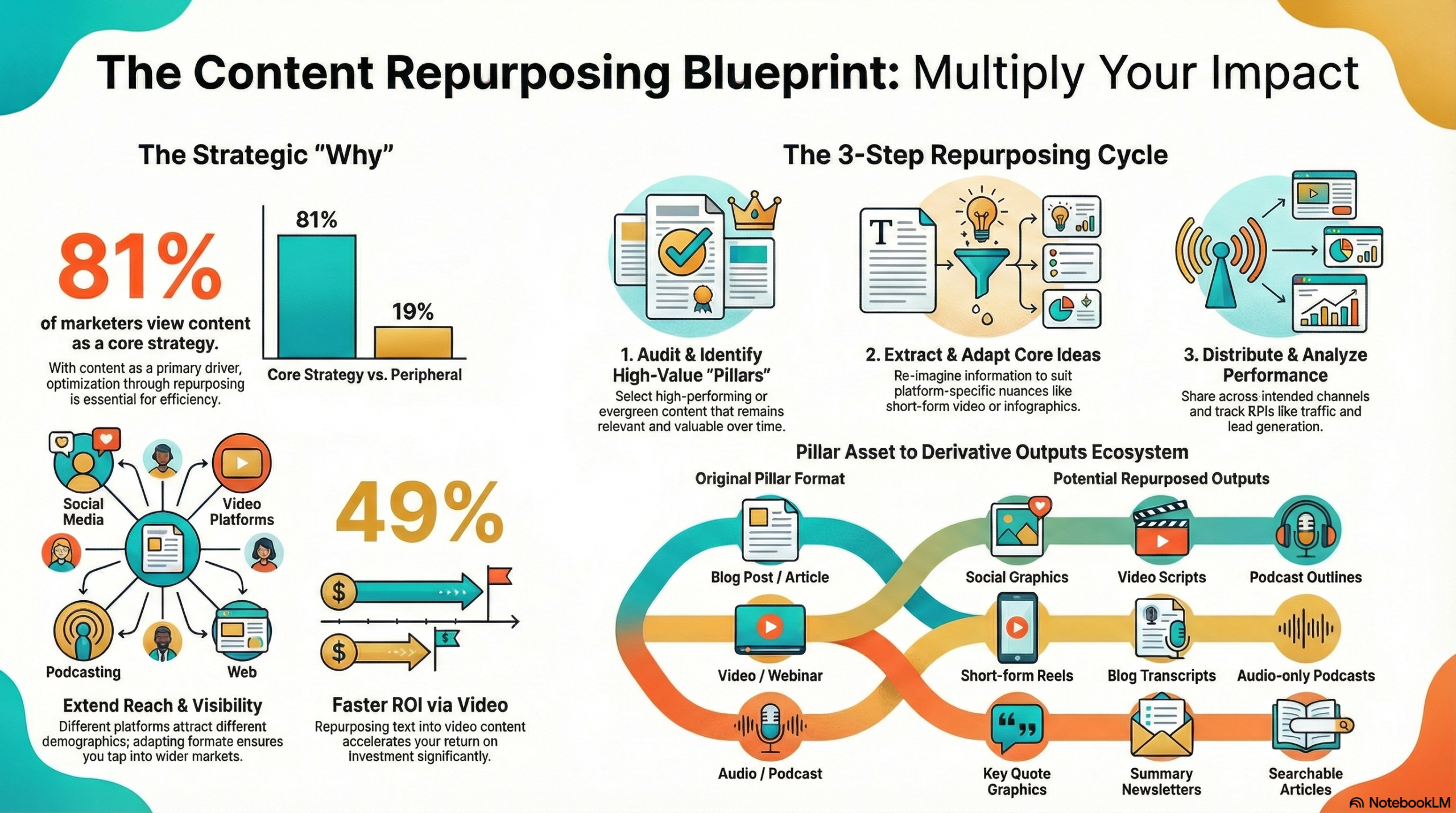 Infographic explaining the benefits and strategies of content repurposing, with statistics, a three-step cycle, and a flowchart of derivative content types from original pillar assets.